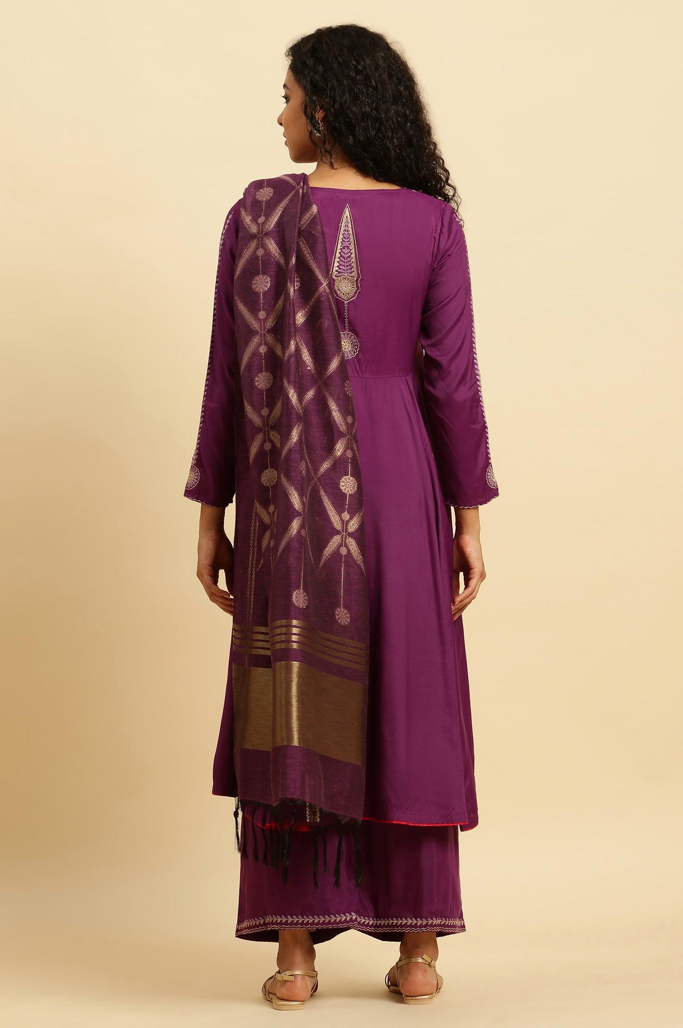 Purple Anarkali Festive Kurta, Parallel Pants And Dupatta Set - wforwoman