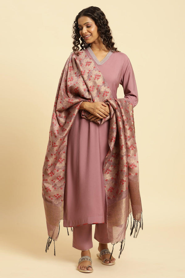 Orchid Pink Embellished Kurta, Pants And Jacquard Dupatta Set