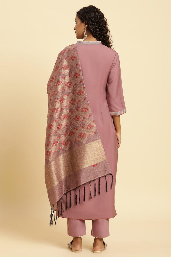 Orchid Pink Embellished Kurta, Pants And Jacquard Dupatta Set