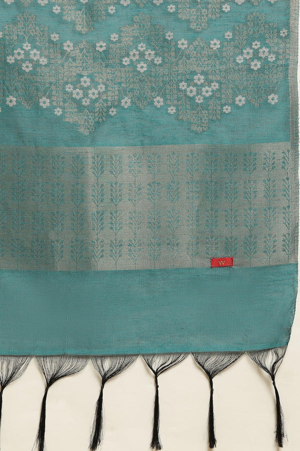 Blue Embellished Kurta, Pants And Jacquard Dupatta Set