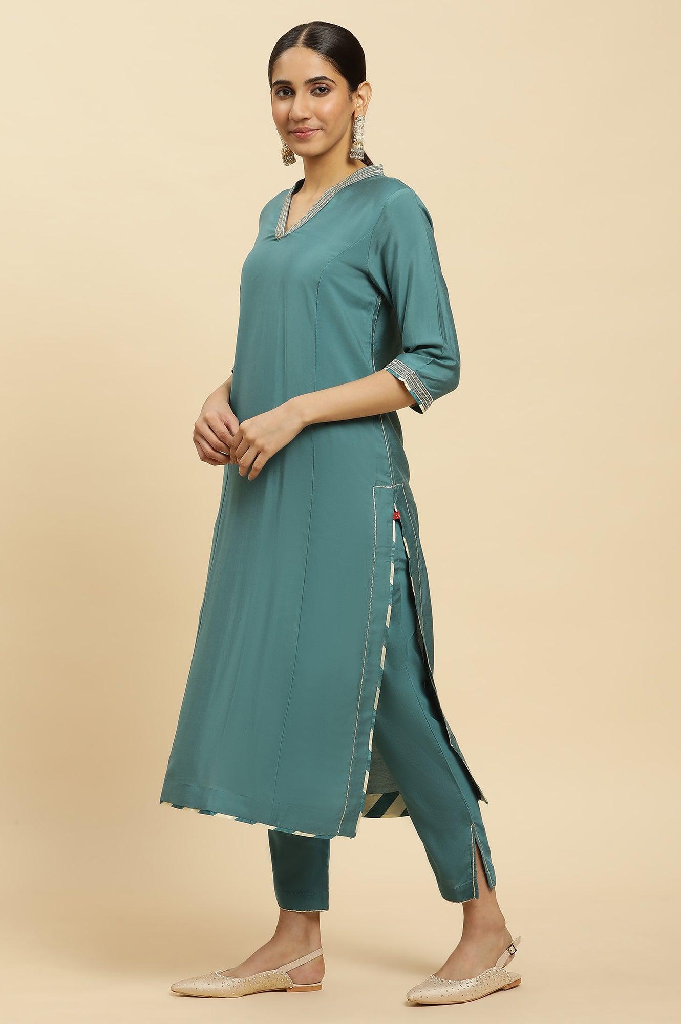 Blue Embellished Kurta, Pants And Jacquard Dupatta Set - wforwoman