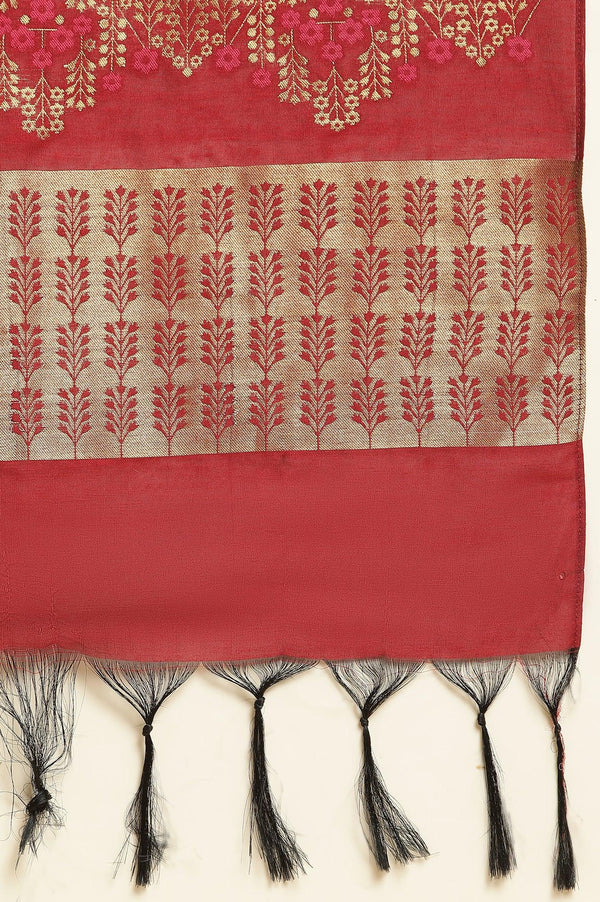 Maroon Solid Kurta, Pants And Jacquard Dupatta