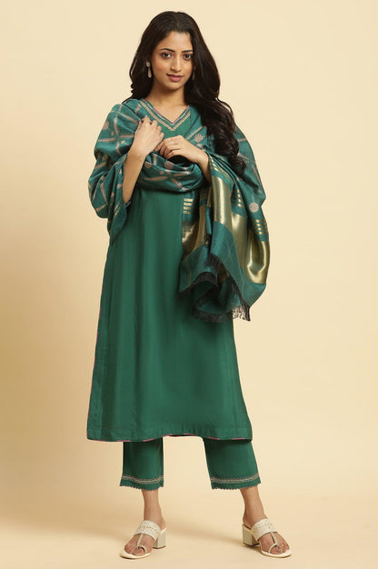 Green Solid Kurta, Pants And Jacquard Dupatta - wforwoman