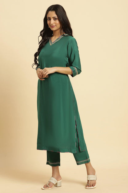 Green Solid Kurta, Pants And Jacquard Dupatta - wforwoman