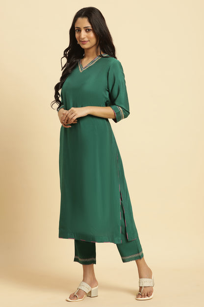 Green Solid Kurta, Pants And Jacquard Dupatta - wforwoman