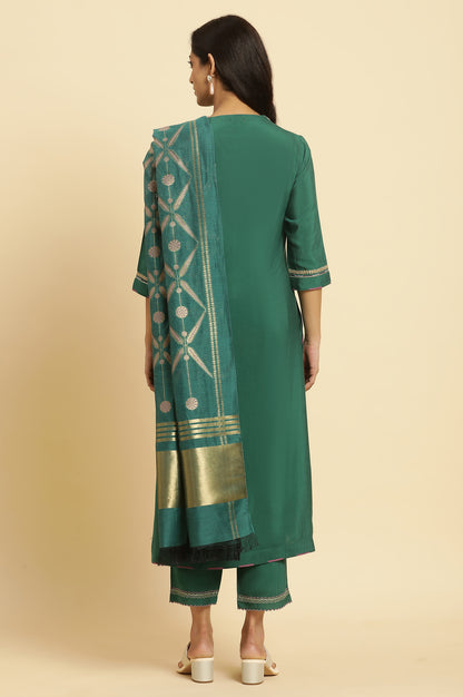 Green Solid Kurta, Pants And Jacquard Dupatta - wforwoman