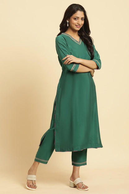 Green Solid Kurta, Pants And Jacquard Dupatta - wforwoman