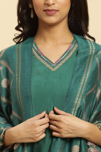 Green Solid Kurta, Pants And Jacquard Dupatta - wforwoman