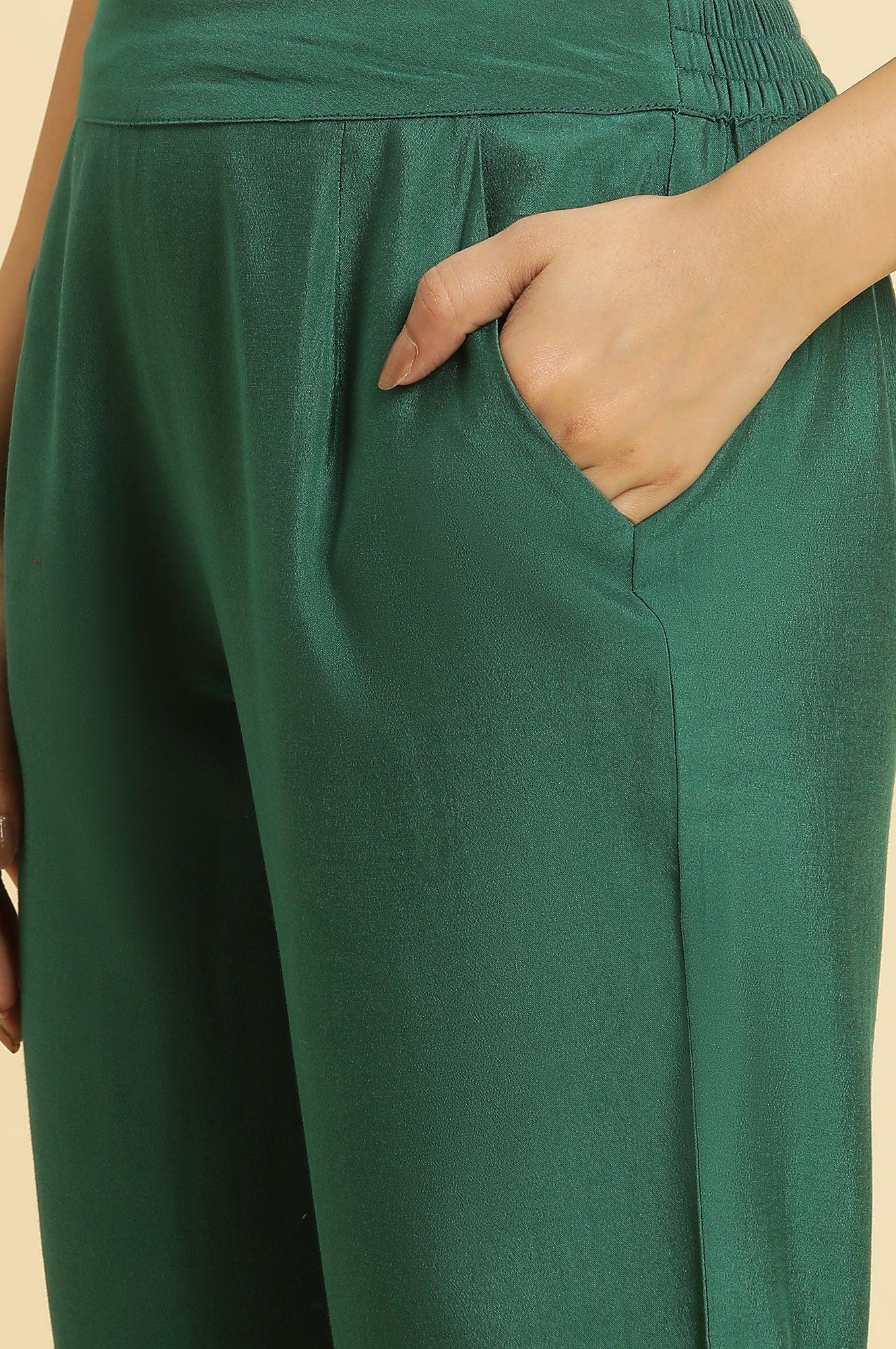 Green Solid Kurta, Pants And Jacquard Dupatta - wforwoman