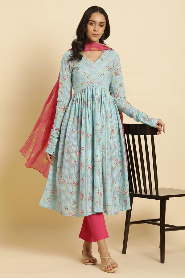 Blue Printed Anarkali Kurta, Pants & Dupatta Set