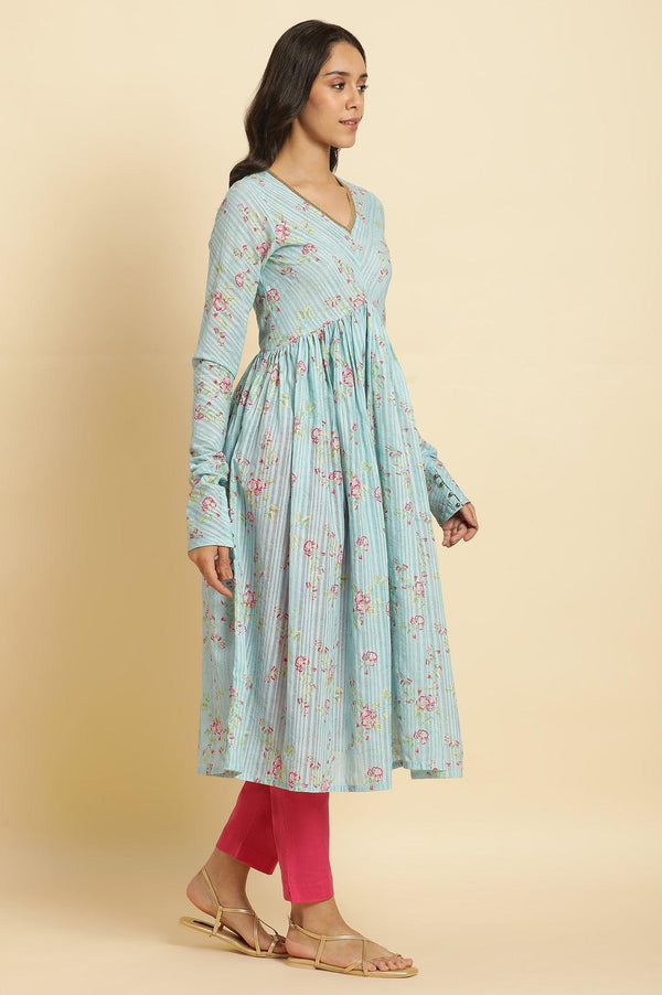 Blue Printed Anarkali Kurta, Pants & Dupatta Set