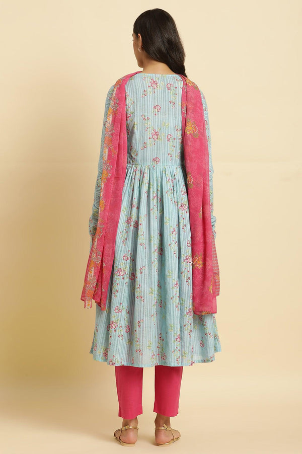 Blue Printed Anarkali Kurta, Pants & Dupatta Set