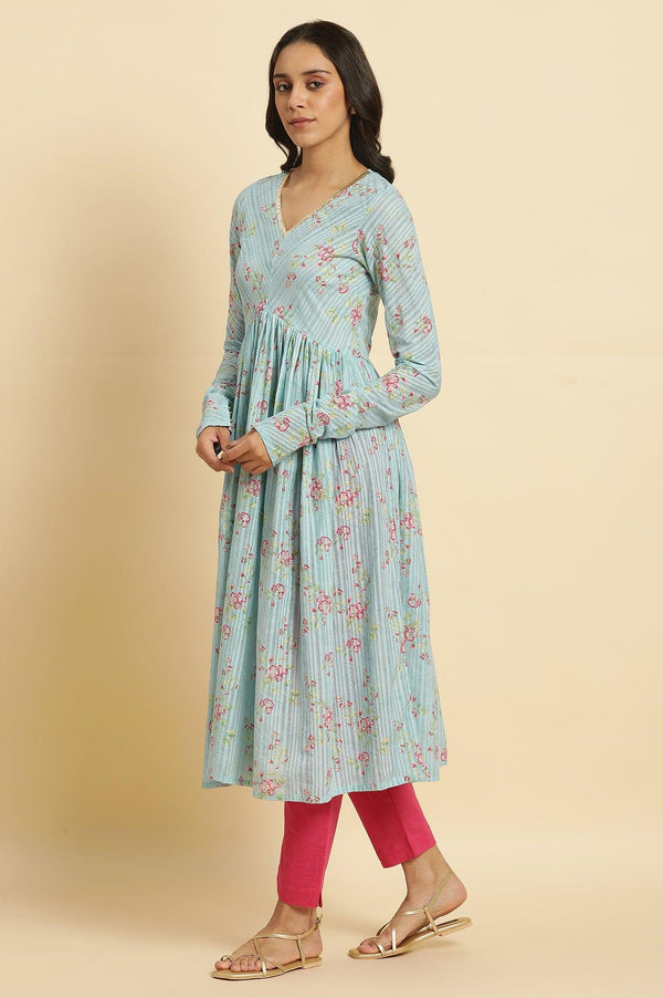 Blue Printed Anarkali Kurta, Pants & Dupatta Set