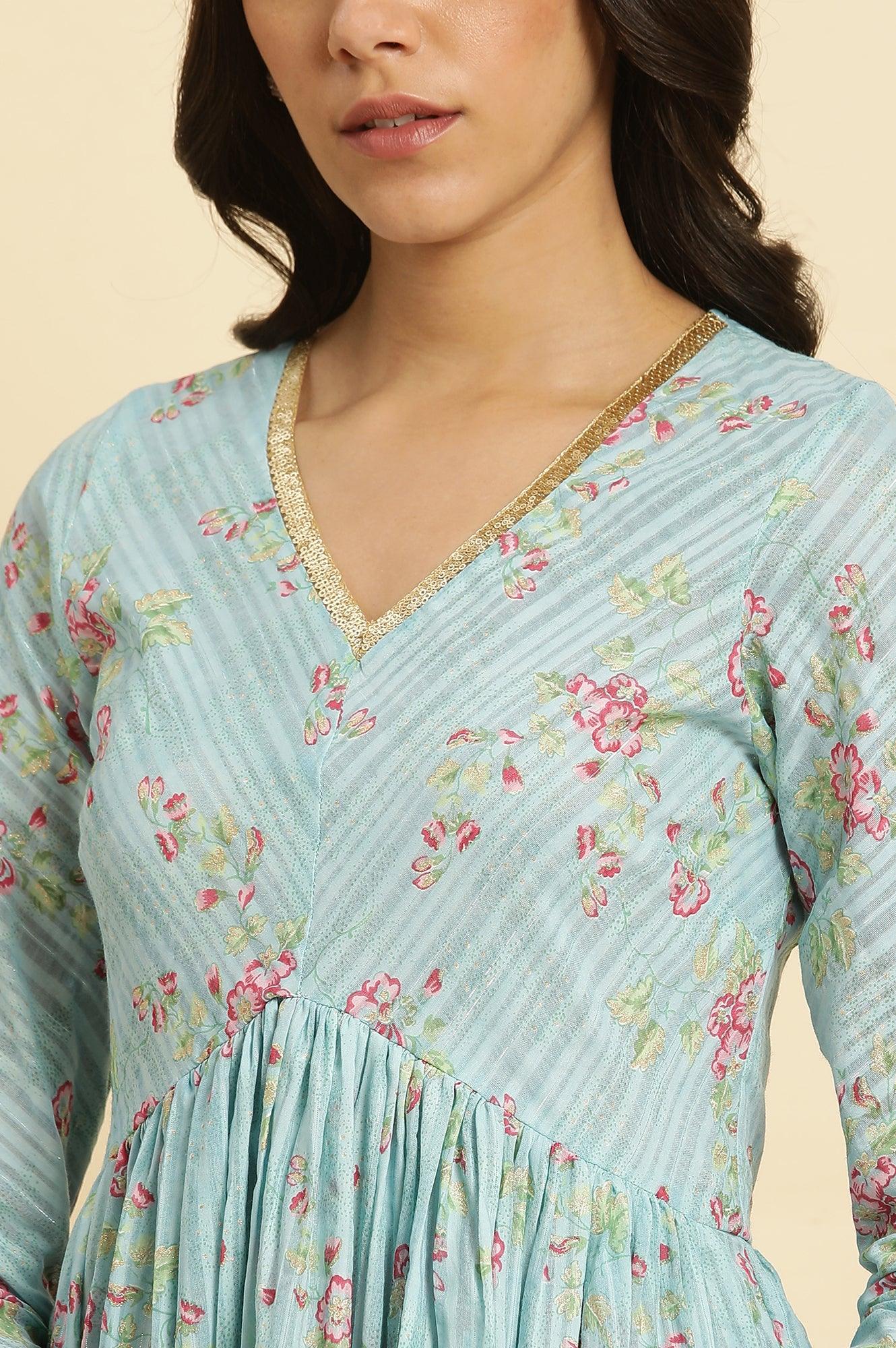 Blue Printed Anarkali Kurta, Pants &amp; Dupatta Set - wforwoman