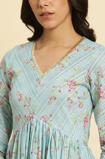 Blue Printed Anarkali Kurta, Pants &amp; Dupatta Set - wforwoman