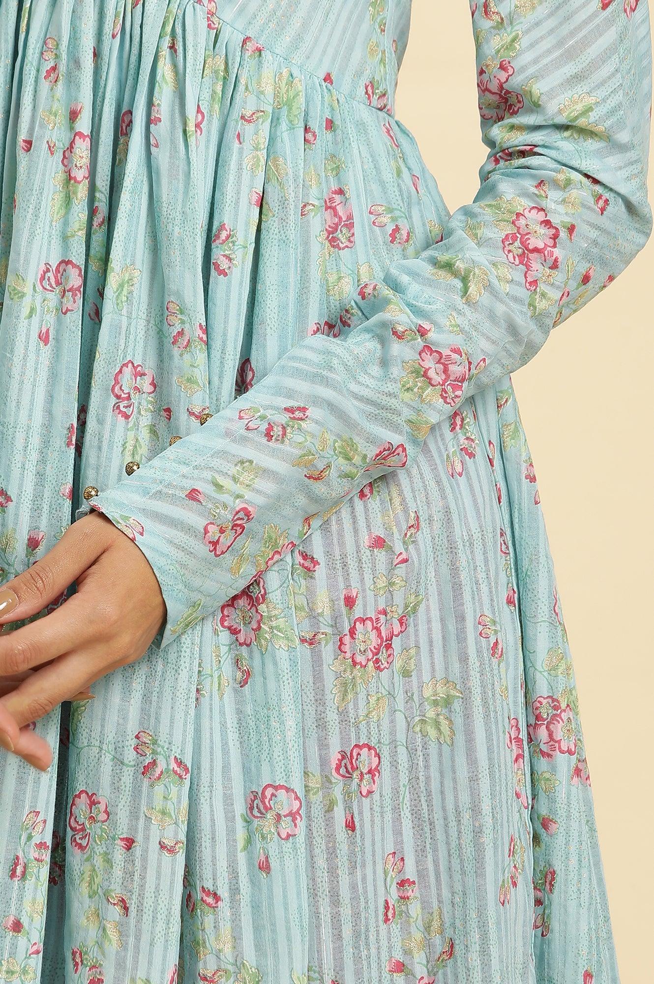 Blue Printed Anarkali Kurta, Pants &amp; Dupatta Set - wforwoman