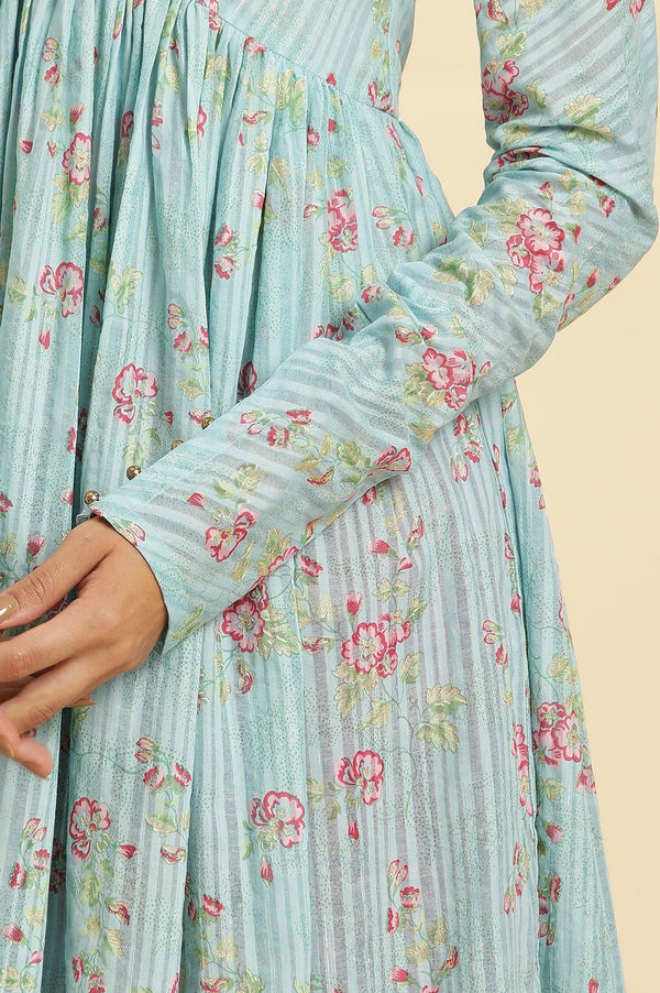 Blue Printed Anarkali Kurta, Pants & Dupatta Set