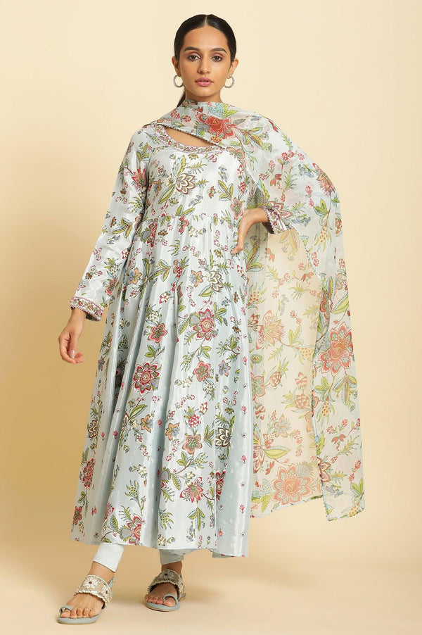 Sky Blue Floral Printed A-Line Kurta, Tights And Dupatta Set