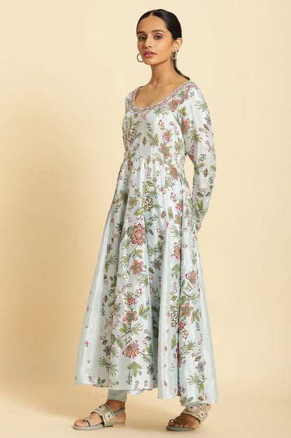 Sky Blue Floral Printed A-Line Kurta, Tights And Dupatta Set - wforwoman