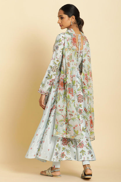 Sky Blue Floral Printed A-Line Kurta, Tights And Dupatta Set - wforwoman