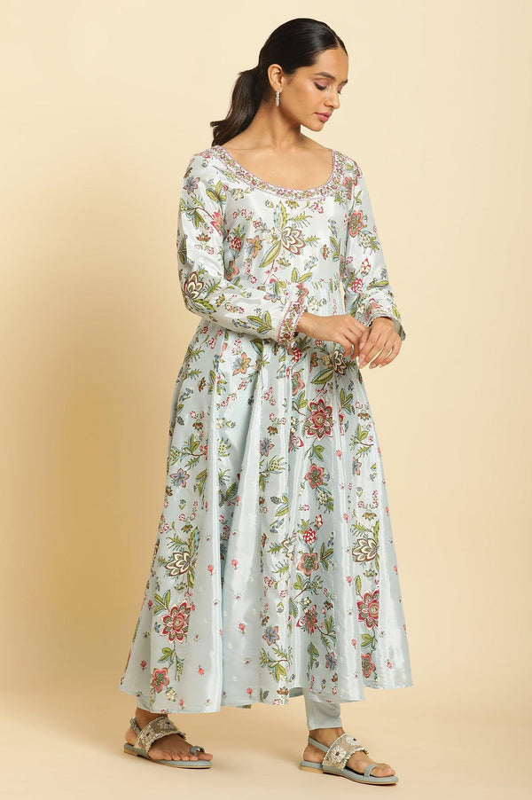 Sky Blue Floral Printed A-Line Kurta, Tights And Dupatta Set