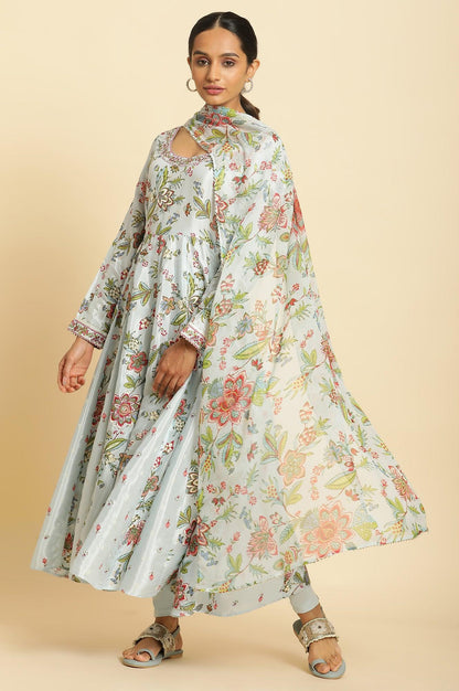 Sky Blue Floral Printed A-Line Kurta, Tights And Dupatta Set - wforwoman