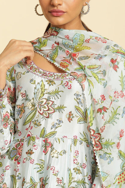 Sky Blue Floral Printed A-Line Kurta, Tights And Dupatta Set - wforwoman