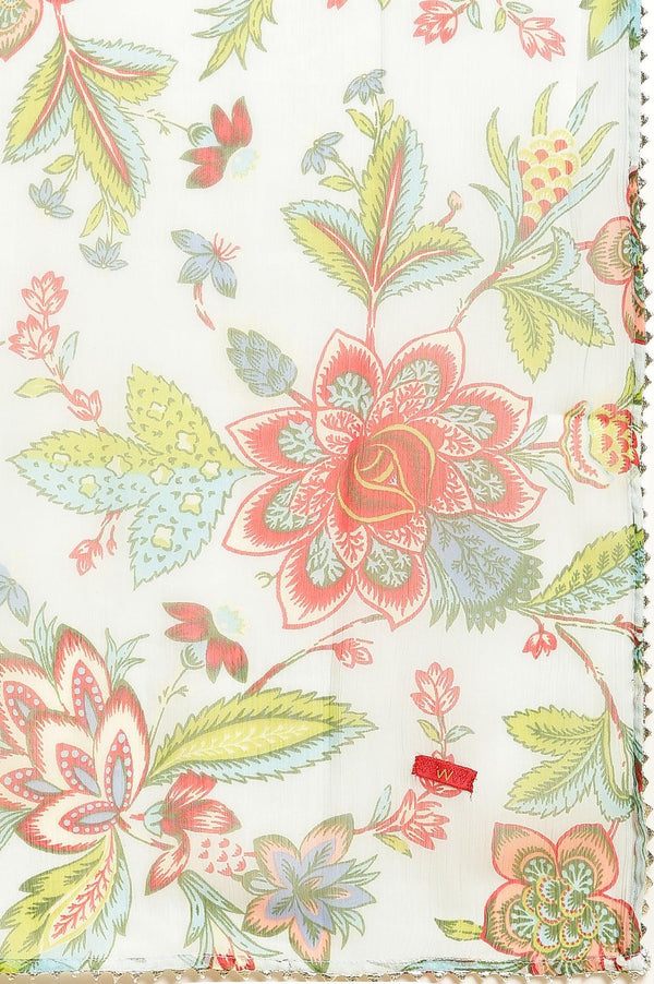 Sky Blue Floral Printed A-Line Kurta, Tights And Dupatta Set