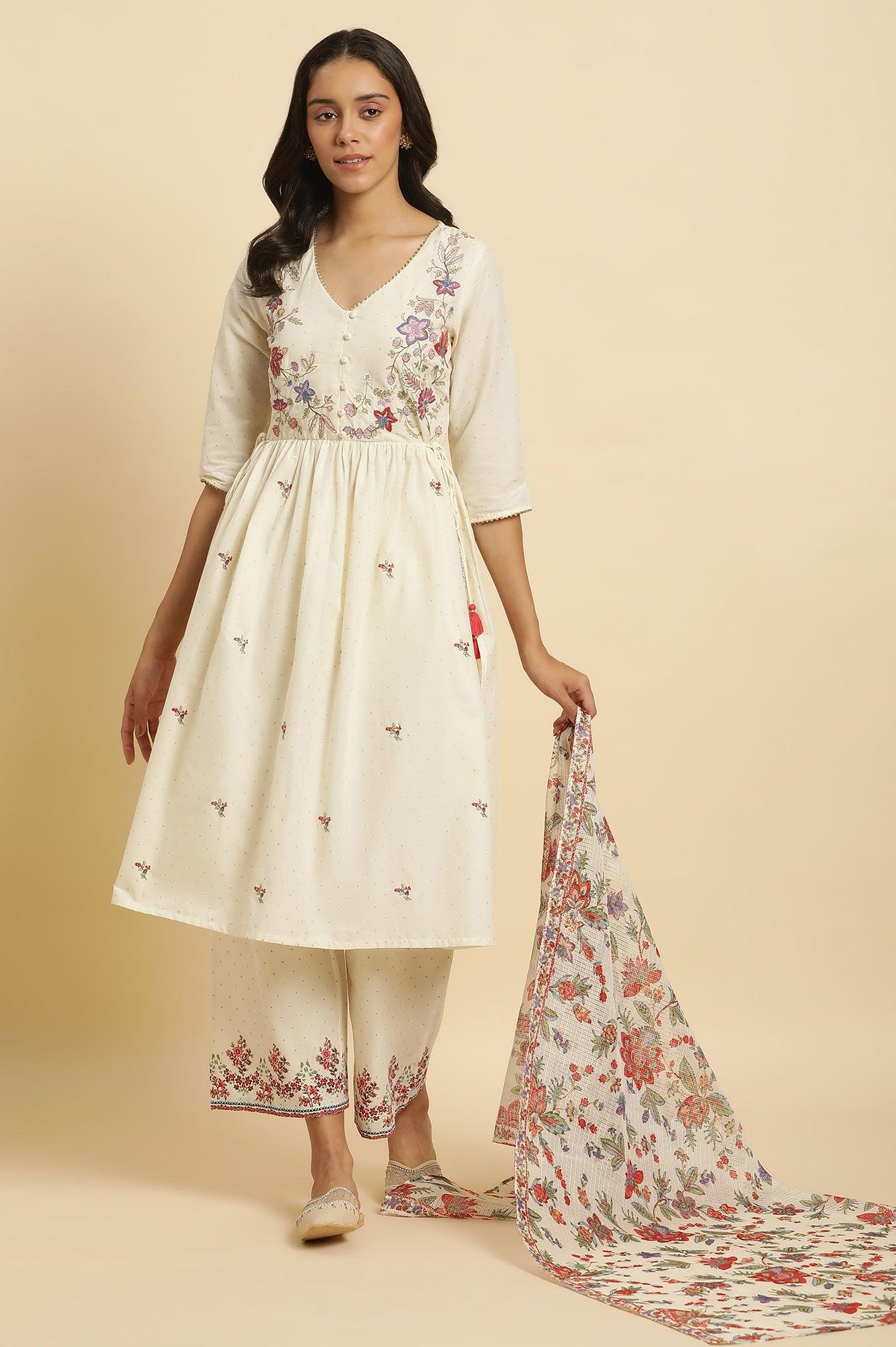 Ecru Printed Kurta &amp; Straight Pants Set - wforwoman