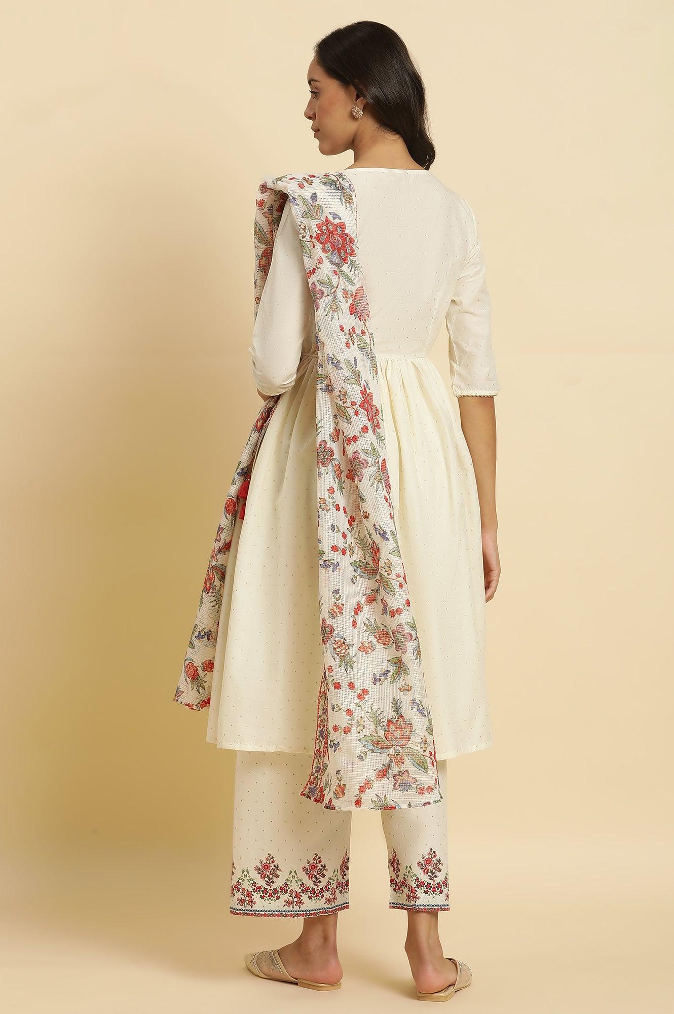 Ecru Printed Kurta &amp; Straight Pants Set - wforwoman