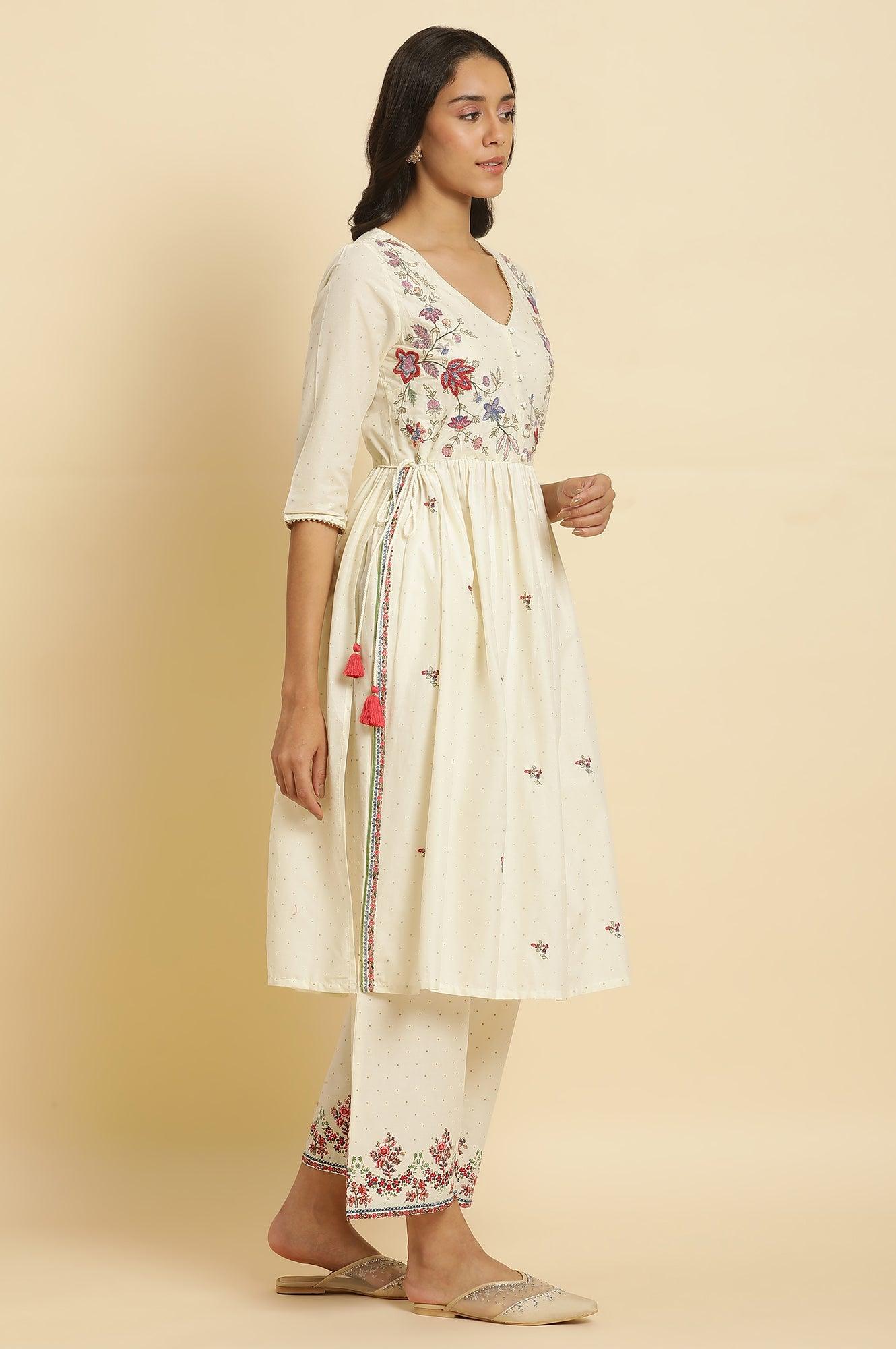 Ecru Printed Kurta &amp; Straight Pants Set - wforwoman