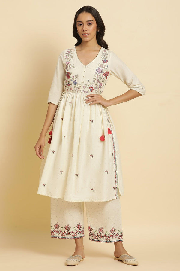 Ecru Printed Kurta & Straight Pants Set