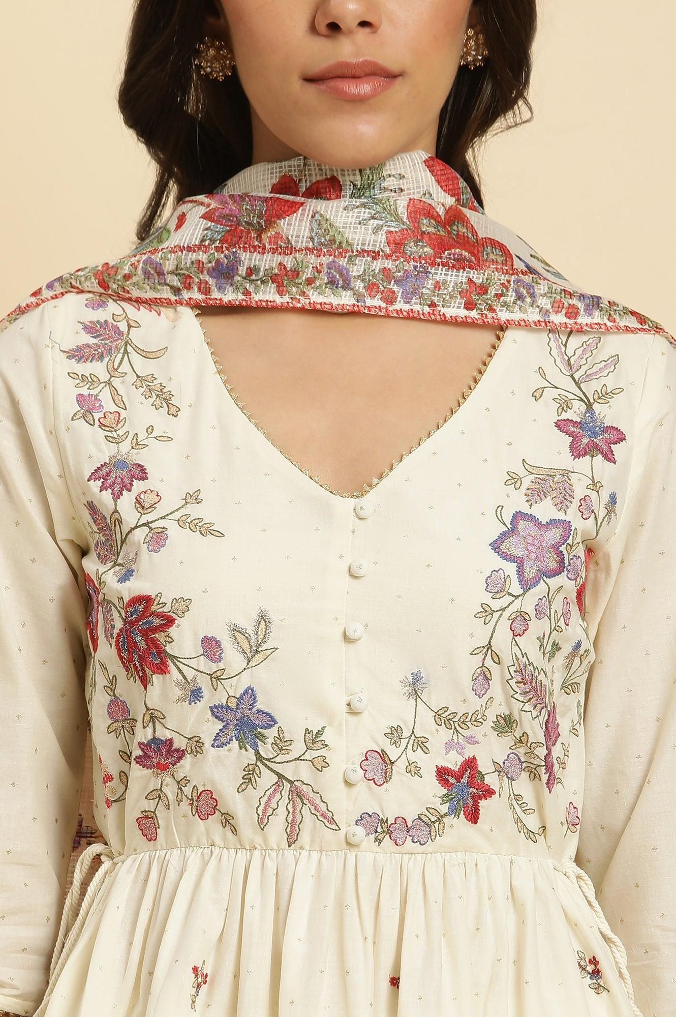 Ecru Printed Kurta &amp; Straight Pants Set - wforwoman