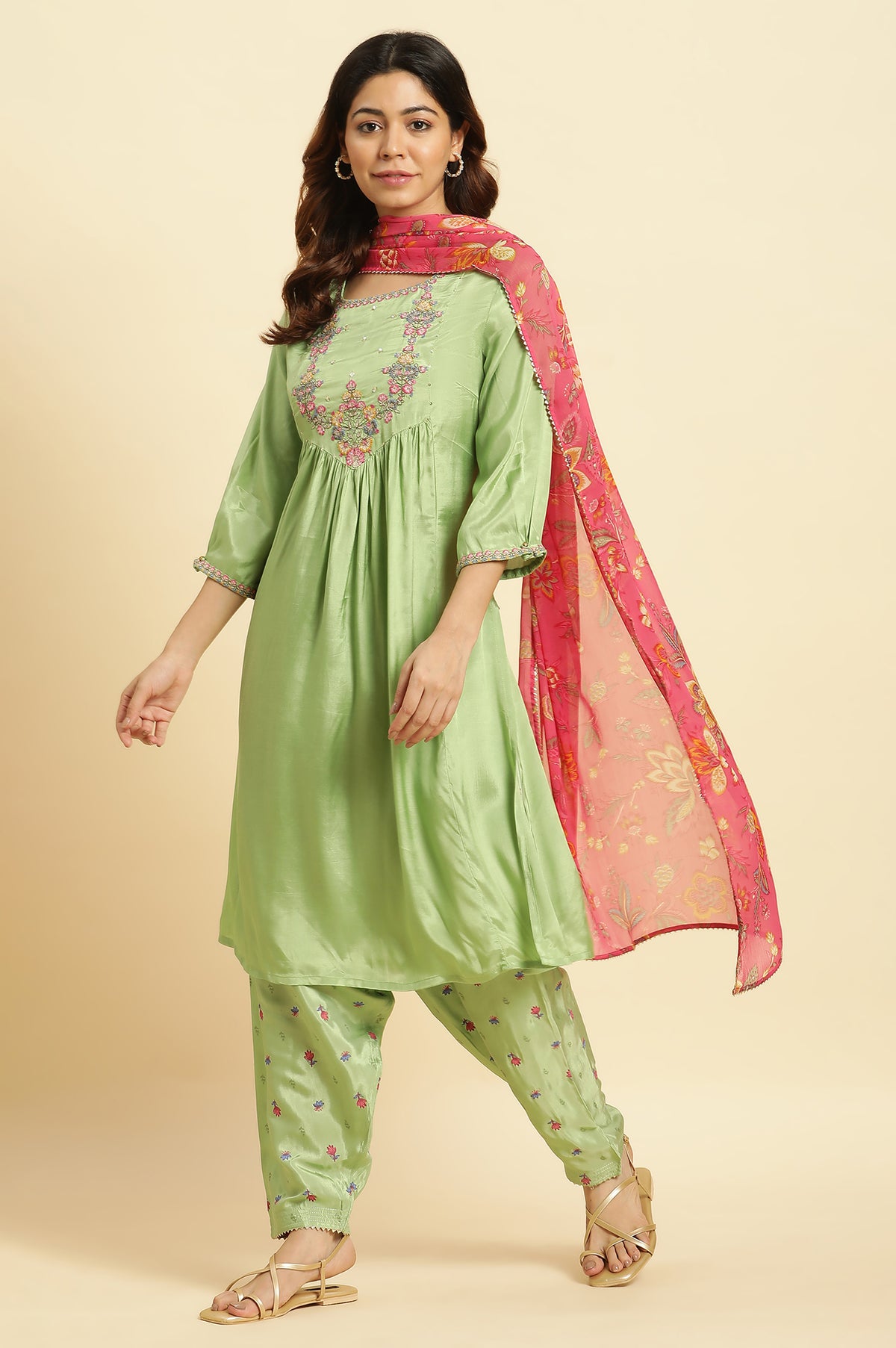 Green Embroidered Kurta, Salwar And Pink Chiffon Dupatta Set - XL