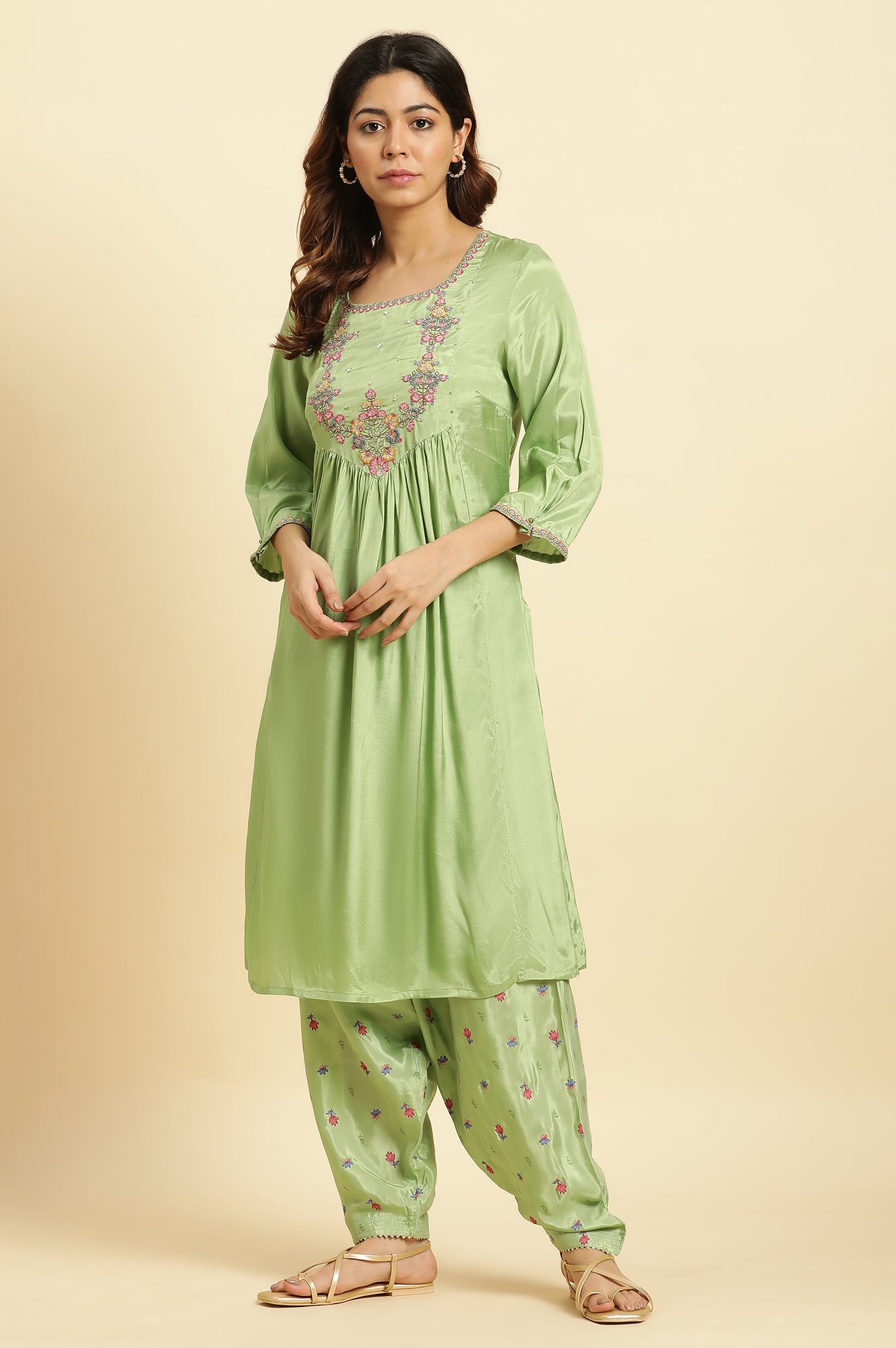Green Embroidered Kurta, Salwar And Pink Chiffon Dupatta Set - wforwoman