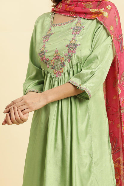 Green Embroidered Kurta, Salwar And Pink Chiffon Dupatta Set - wforwoman