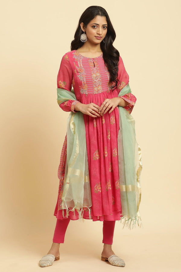 Pink Floral Printed Layered Kurta And Tights And Dupatta Set