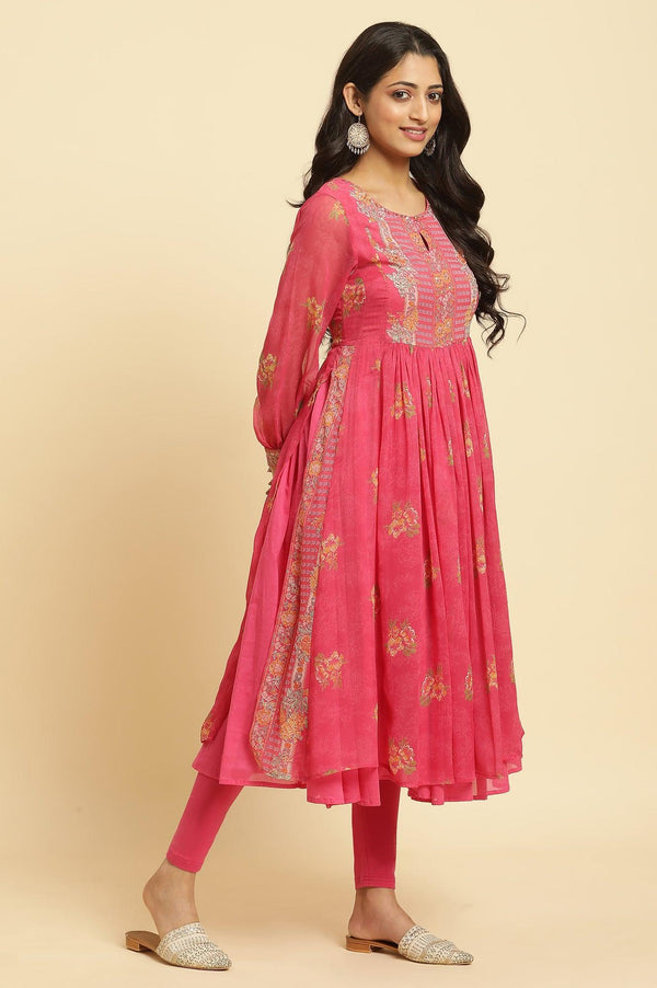Pink Floral Printed Layered Kurta And Tights And Dupatta Set