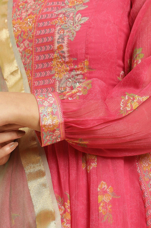 Pink Floral Printed Layered Kurta And Tights And Dupatta Set