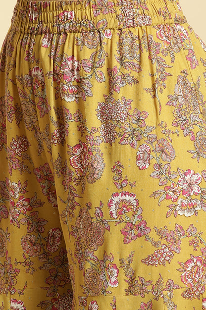 Yellow Floral Printed Short Flared Kurta, Sharara And Dupatta Set