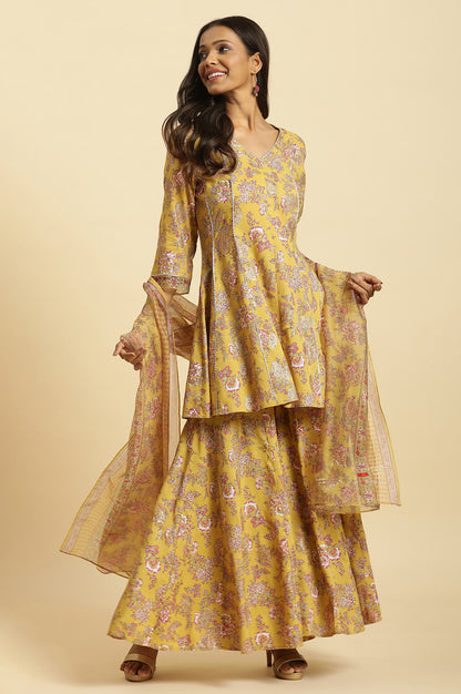Yellow Floral Printed Short Flared Kurta, Sharara And Dupatta Set - wforwoman