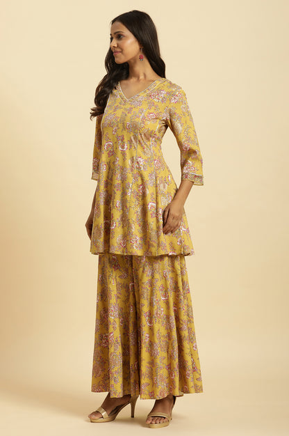 Yellow Floral Printed Short Flared Kurta, Sharara And Dupatta Set - wforwoman