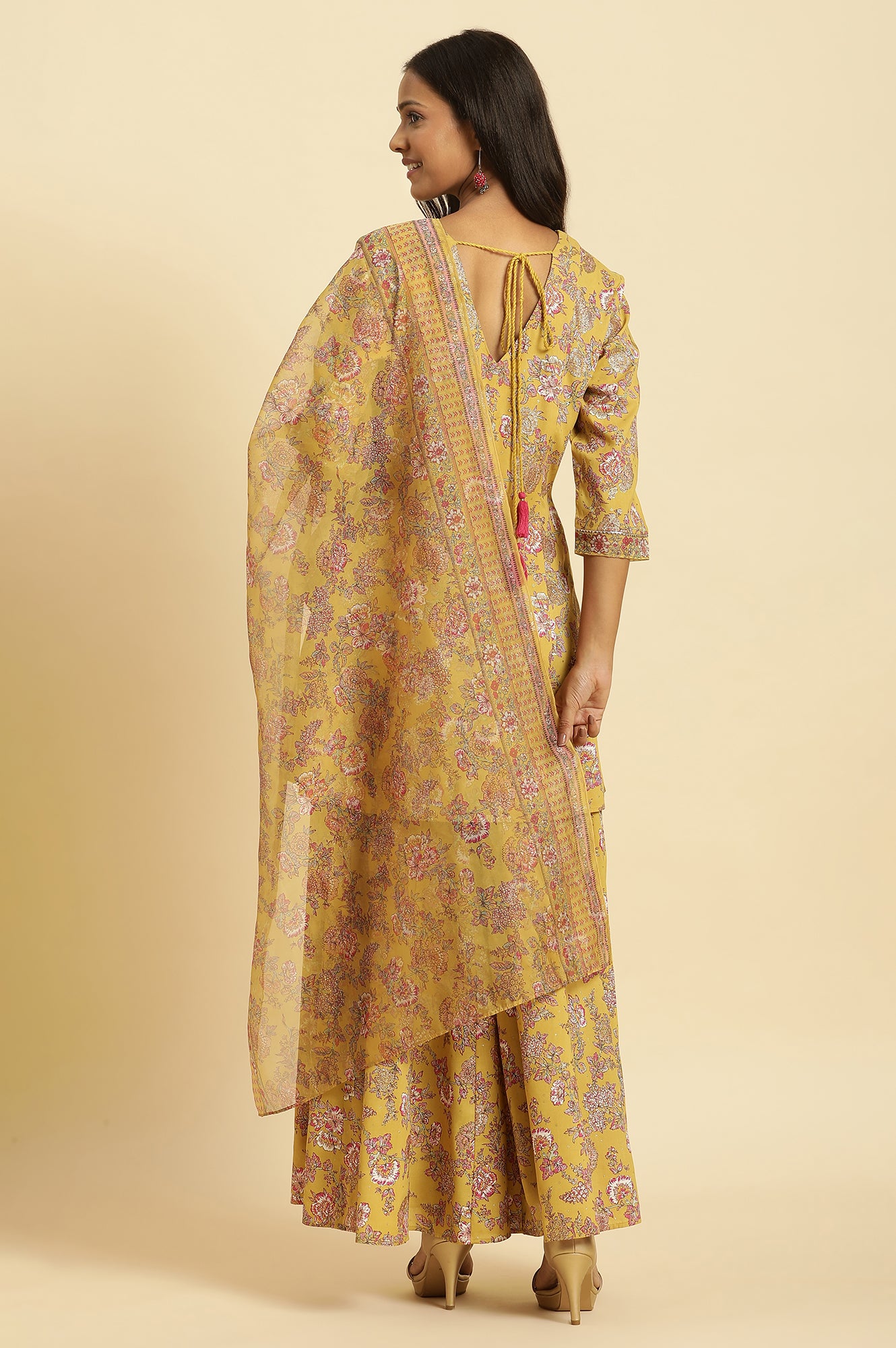 Yellow Floral Printed Short Flared Kurta, Sharara And Dupatta Set - wforwoman