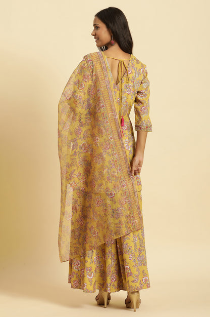 Yellow Floral Printed Short Flared Kurta, Sharara And Dupatta Set - wforwoman