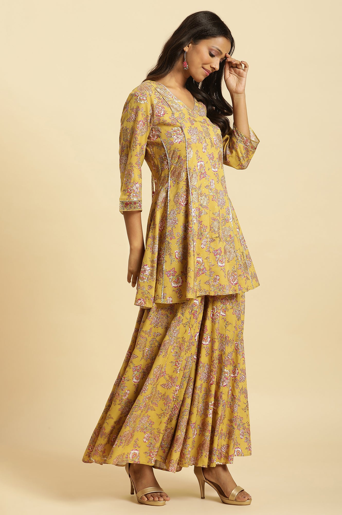 Yellow Floral Printed Short Flared Kurta, Sharara And Dupatta Set - wforwoman