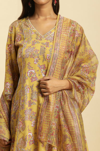 Yellow Floral Printed Short Flared Kurta, Sharara And Dupatta Set - wforwoman