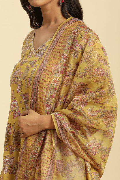 Yellow Floral Printed Short Flared Kurta, Sharara And Dupatta Set - wforwoman