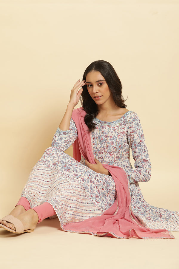 Cream Floral Printed Flared Kurta, Tights & Dupatta Set