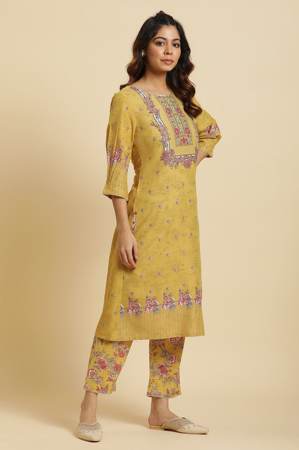 Yellow Floral Printed Kurta and Pants Set with Pink Dupatta