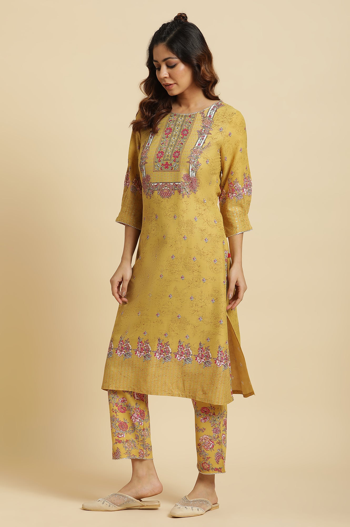 Yellow Floral Printed Kurta, Pants And Pink Dupatta Set - wforwoman